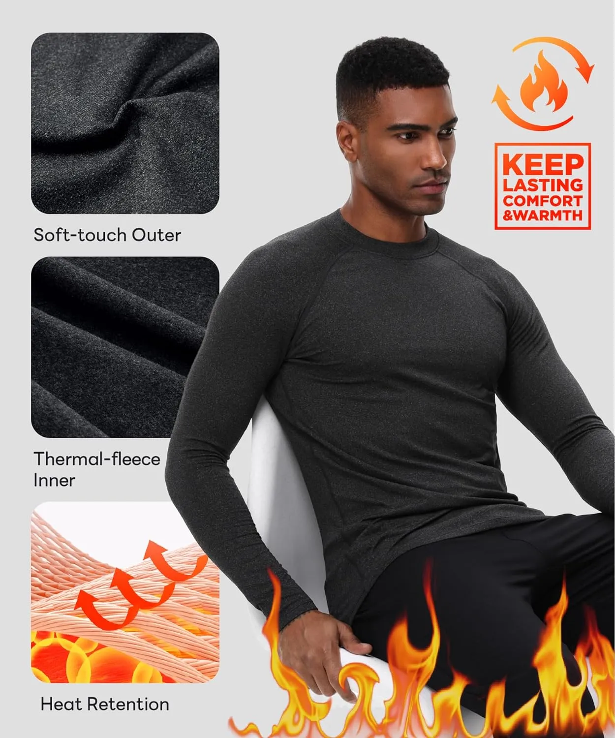 ADOREISM Men's Long Sleeve Thermal Underwear Tops Moisture Wicking Base Layer Thermal Slim Fit Athletic Shirts for Men