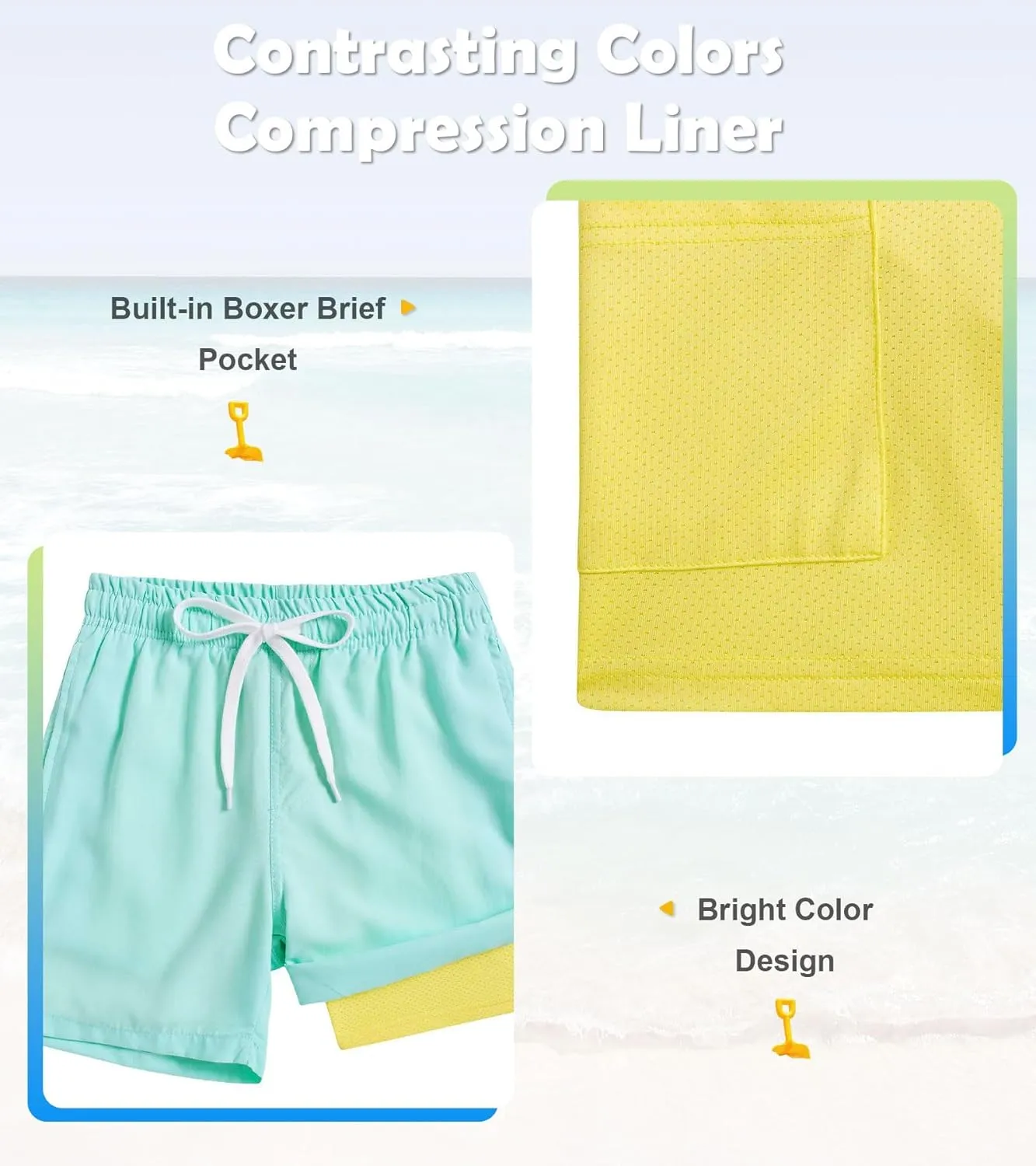 Cozople 7-20T Boys Swim Trunks with Compression Liner Solid Color Bathing Suit Quick Dry Swim Shorts Swimwear