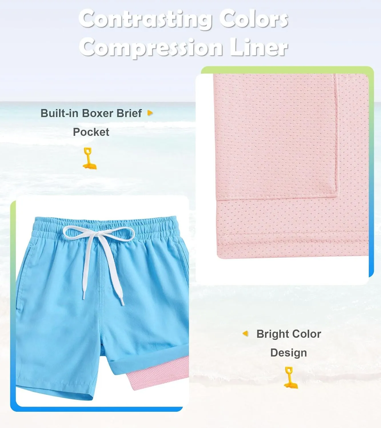 Cozople 7-20T Boys Swim Trunks with Compression Liner Solid Color Bathing Suit Quick Dry Swim Shorts Swimwear