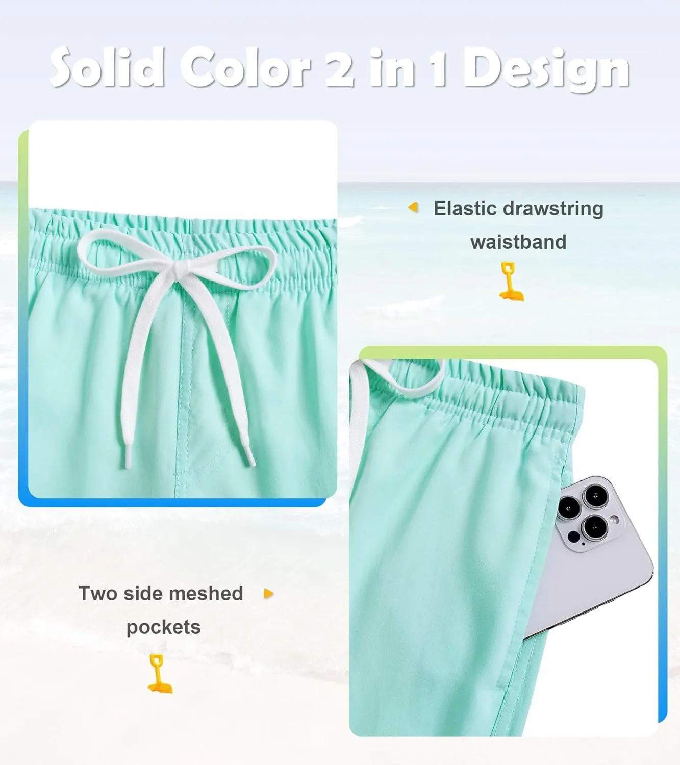 Cozople 7-20T Boys Swim Trunks with Compression Liner Solid Color Bathing Suit Quick Dry Swim Shorts Swimwear