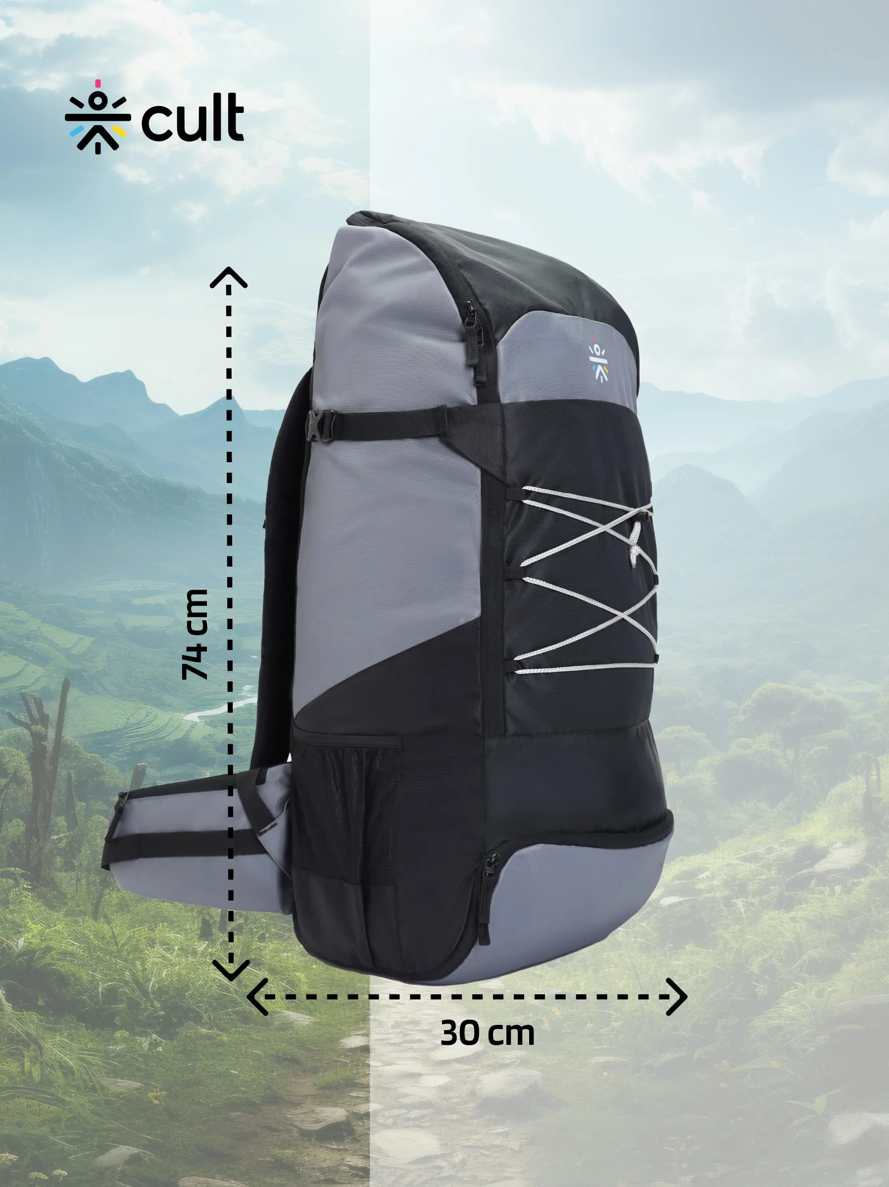 Cult 65 Litre Travel Backpack | Hiking Trekking Bag | Camping Rucksack with Water Proof Rain Cover, Shoe Compartment | Grey&nbsp;