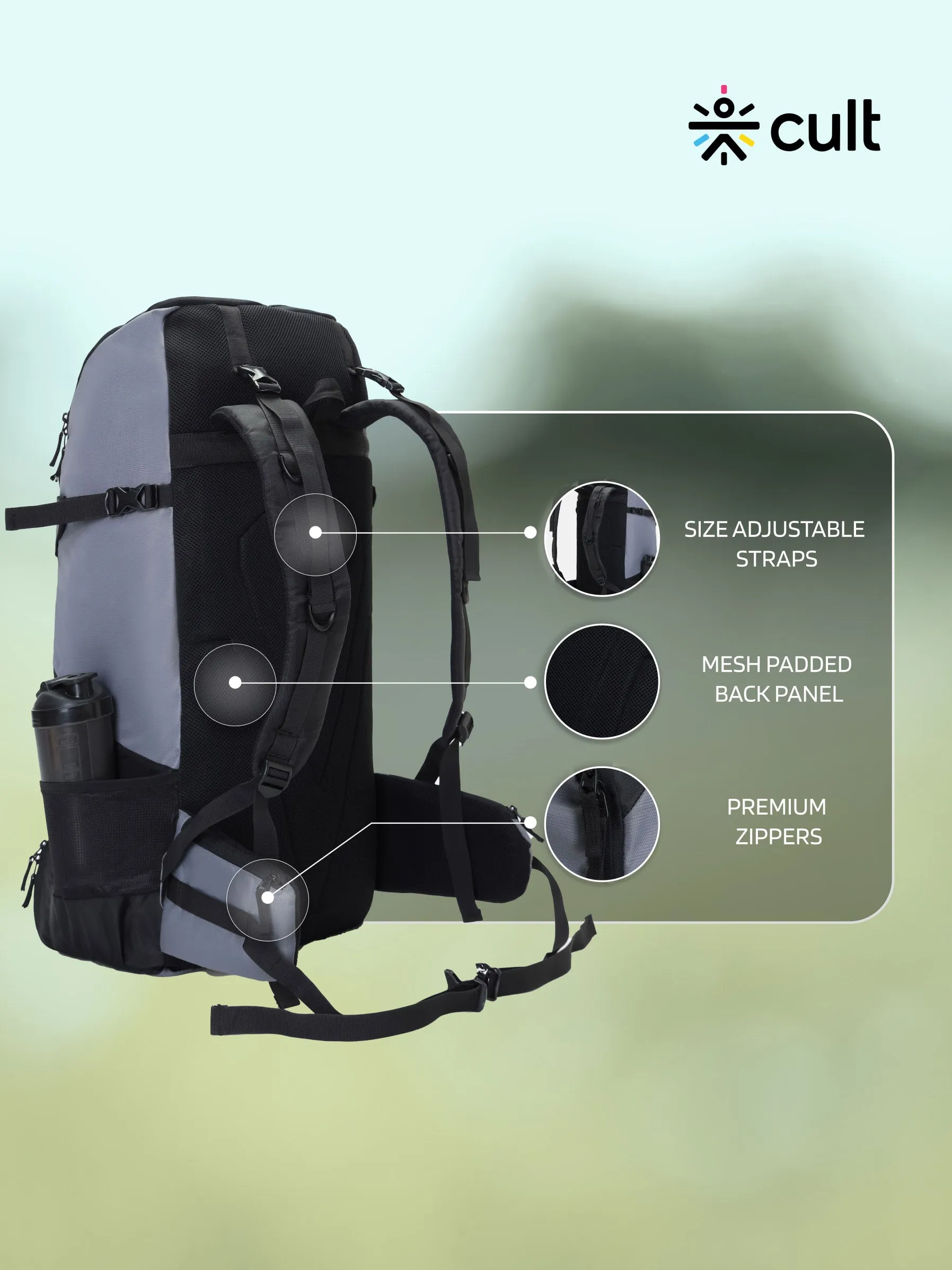 Cult 65 Litre Travel Backpack | Hiking Trekking Bag | Camping Rucksack with Water Proof Rain Cover, Shoe Compartment | Grey&nbsp;
