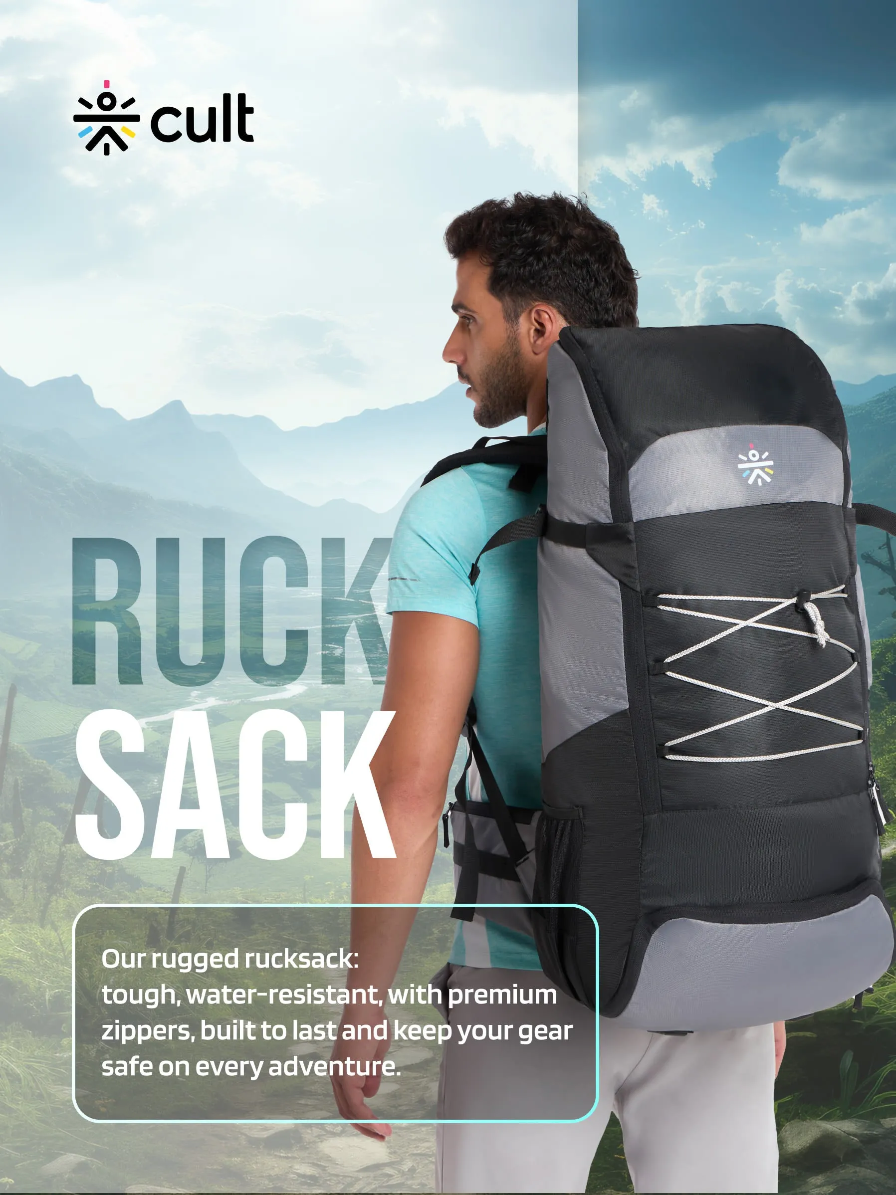 Cult 65 Litre Travel Backpack | Hiking Trekking Bag | Camping Rucksack with Water Proof Rain Cover, Shoe Compartment | Grey&nbsp;
