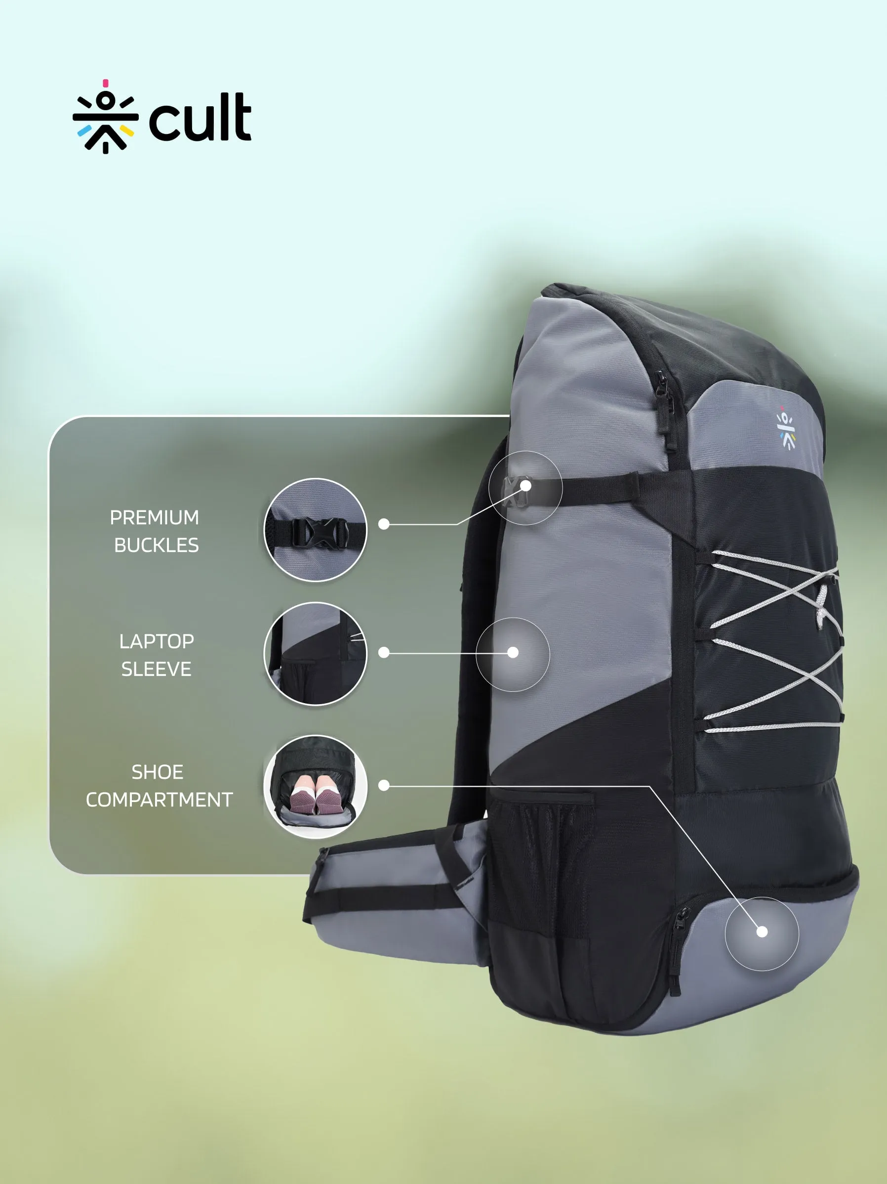Cult 65 Litre Travel Backpack | Hiking Trekking Bag | Camping Rucksack with Water Proof Rain Cover, Shoe Compartment | Grey&nbsp;