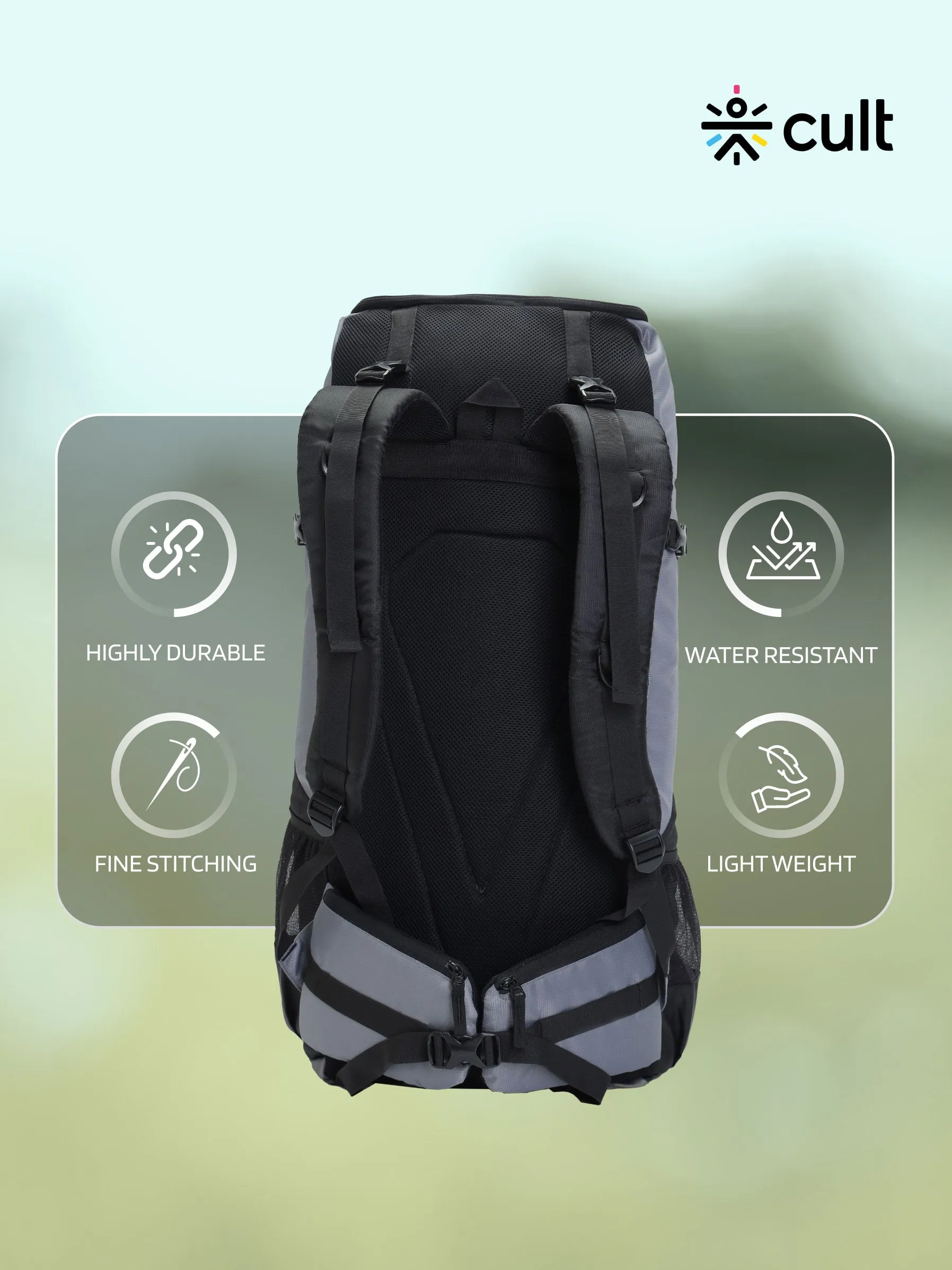 Cult 65 Litre Travel Backpack | Hiking Trekking Bag | Camping Rucksack with Water Proof Rain Cover, Shoe Compartment | Grey&nbsp;