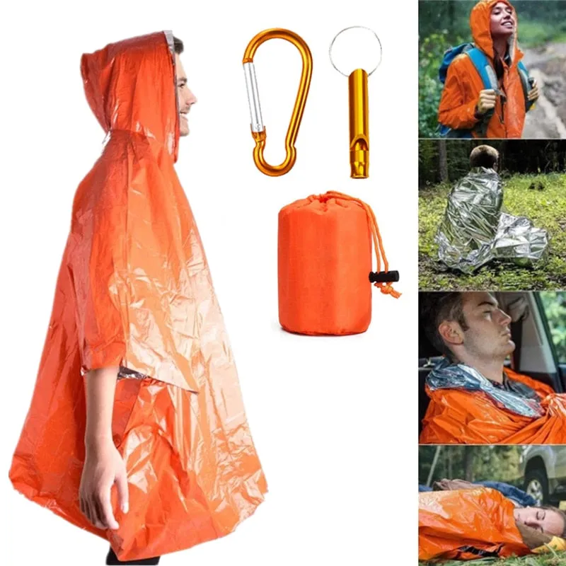 Emergency Blanket Aluminum Film Poncho Raincoat Outdoor Survival Tool Warmer
