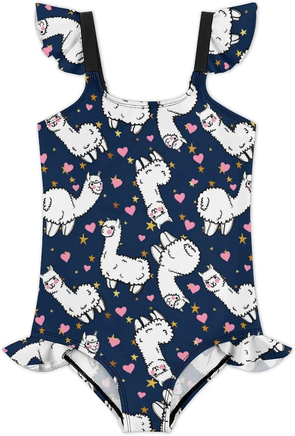 Girls One Piece Swimsuit Cute Alpacas Hearts Stars Ruffles Swimwear Bathing Suits 3-12 Years