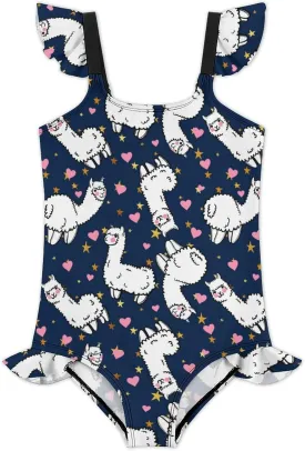 Girls One Piece Swimsuit Cute Alpacas Hearts Stars Ruffles Swimwear Bathing Suits 3-12 Years
