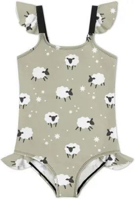 Girls One Piece Swimsuit Cute Alpacas Hearts Stars Ruffles Swimwear Bathing Suits 3-12 Years