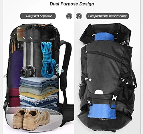 Hiking Backpack 50L, Waterproof Trekking Backpack Travel Backpack Outdoor Hiking Backpack With Rain Cover, Backpacker Backpack For Hiking, Climbing, Camping, Travel Sports