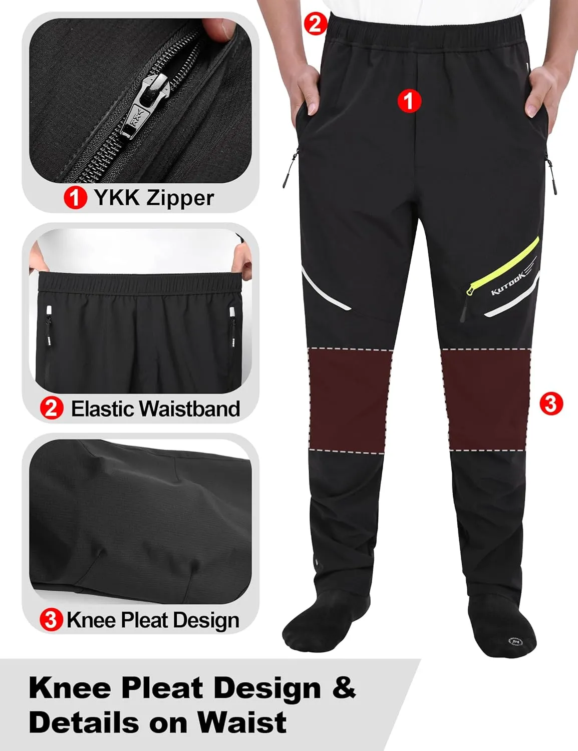 KUTOOK Cycling Bike Pants Summer/Winter Men S-4XL Quick-Dry Breathable Moutain Bike Pants for Outdoor Hiking Running Exercise