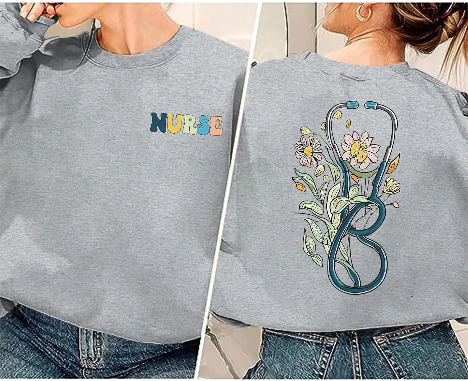 Nurse Graphic Crewneck Sweatshirts for women Floral Stethoscope Lightweight Sweatshirt Pullover Hoodie Nurses Gifts