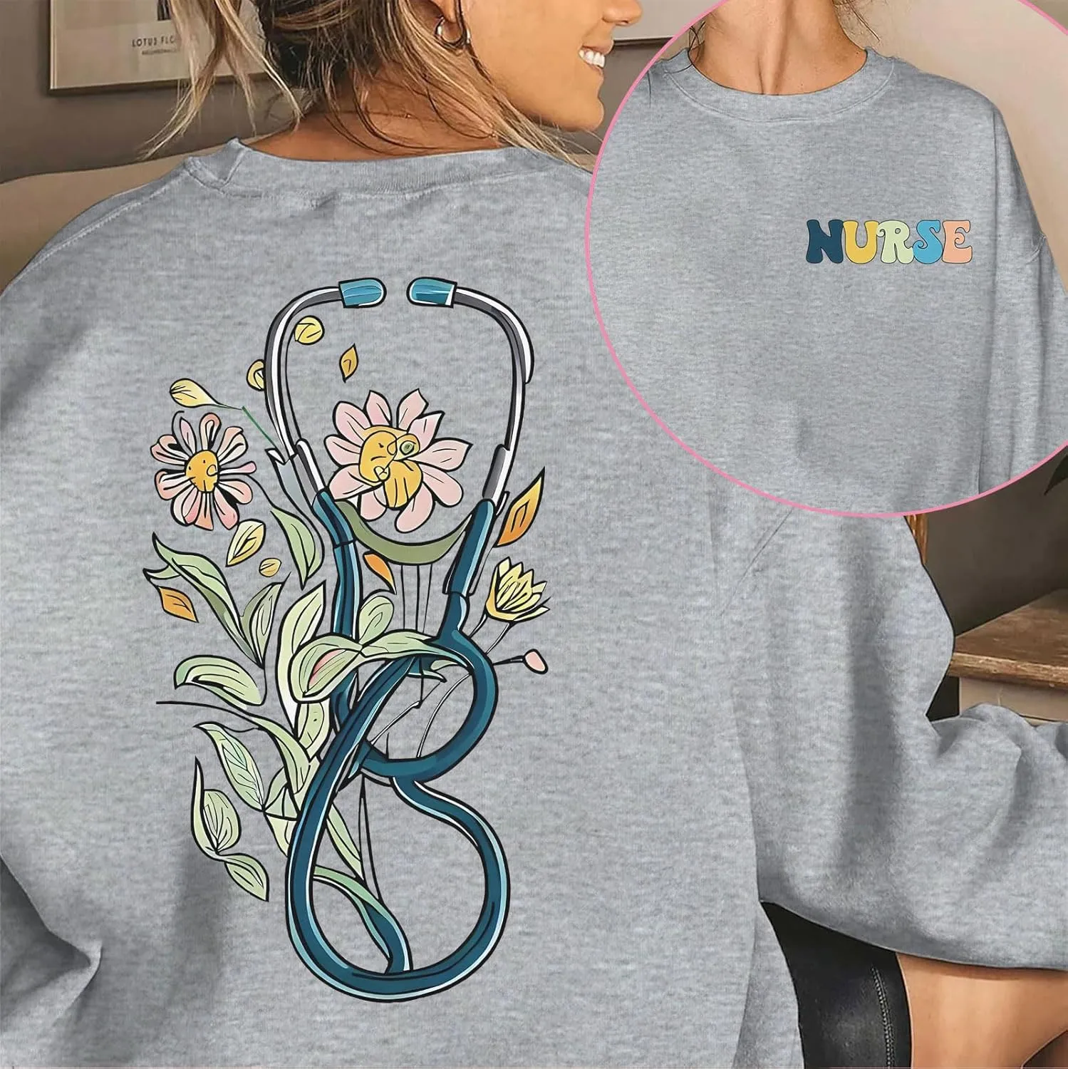 Nurse Graphic Crewneck Sweatshirts for women Floral Stethoscope Lightweight Sweatshirt Pullover Hoodie Nurses Gifts