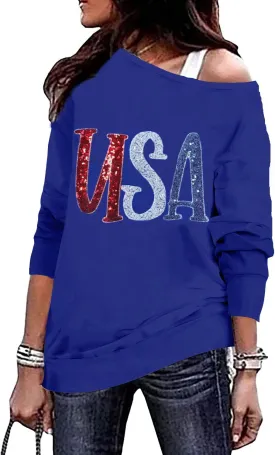 Roshop Womens Off Shoulder Holiday Memorial Patriotic USA Flag Long Sleeve Sweatshirts
