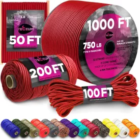 TECEUM Paracord Rope 750 lb  1000ft / 200ft / 120ft / 100ft / 50ft  String Parachute Cord for Camping, Survival, Outdoor Gear  35  Colors  Nylon Utility Rope  Tactical Survival & Camping Kit