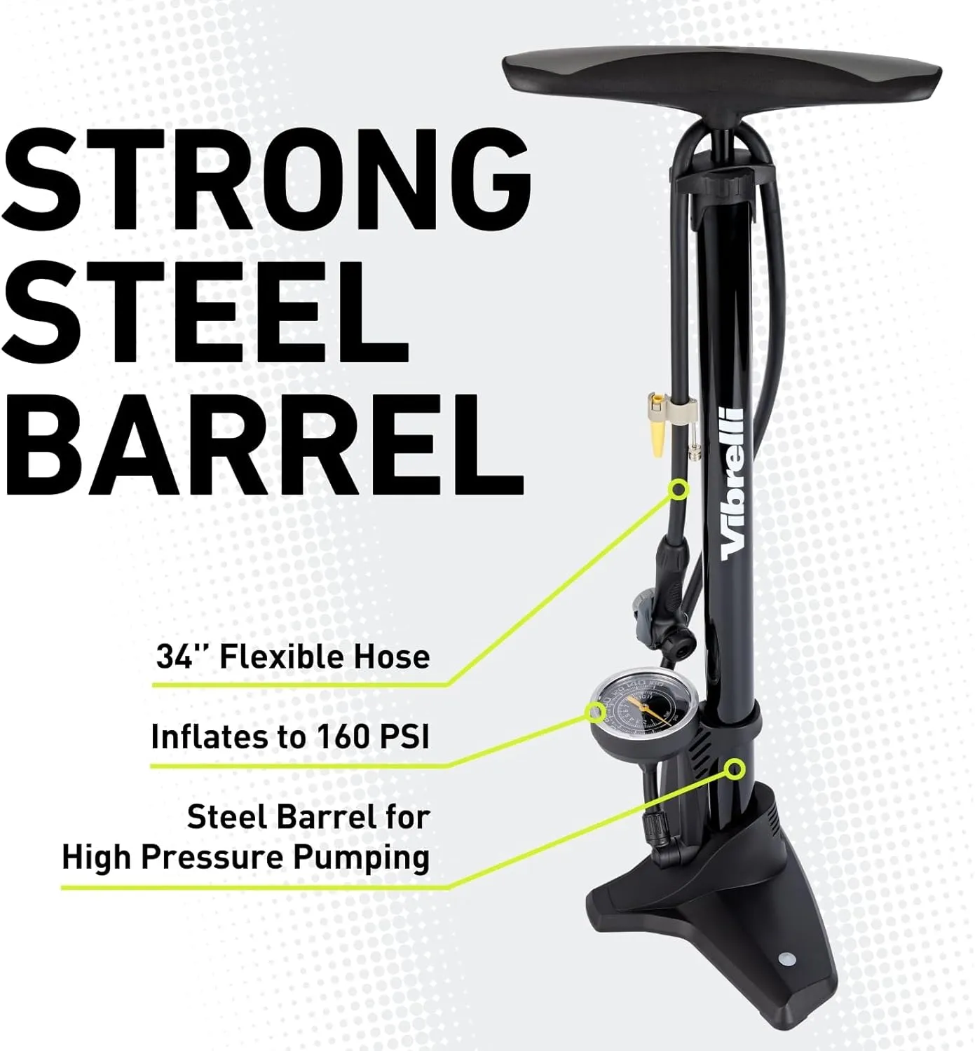 Vibrelli Vibrelli Bike Floor Pump with Gauge - High Pressure 160 PSI - Presta Valve Bike Pump Automatically Switches to Schrader - Bicycle Pump Comes with Glueless Puncture Kit
